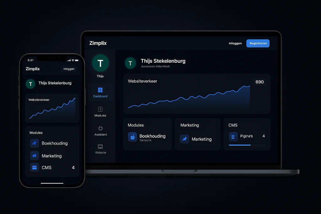Zimplix dashboard mock-up on laptop and phone